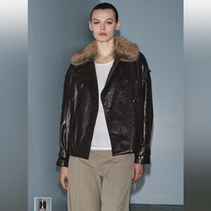 Zara Dark Brown Leather Jacket with Fur Collar